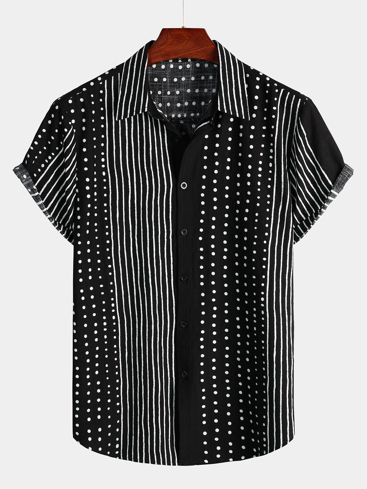 Camicia corta da uomo retrò a righe nere e a pois con bottoni