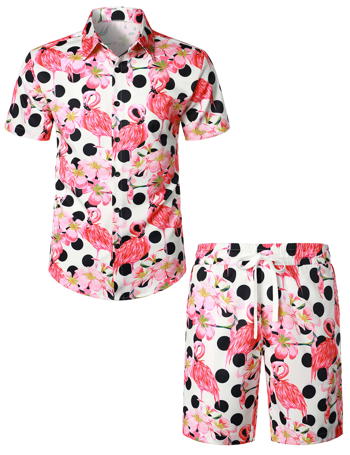 Set da uomo in camicia hawaiana con stampa di fenicotteri e pantaloni corti