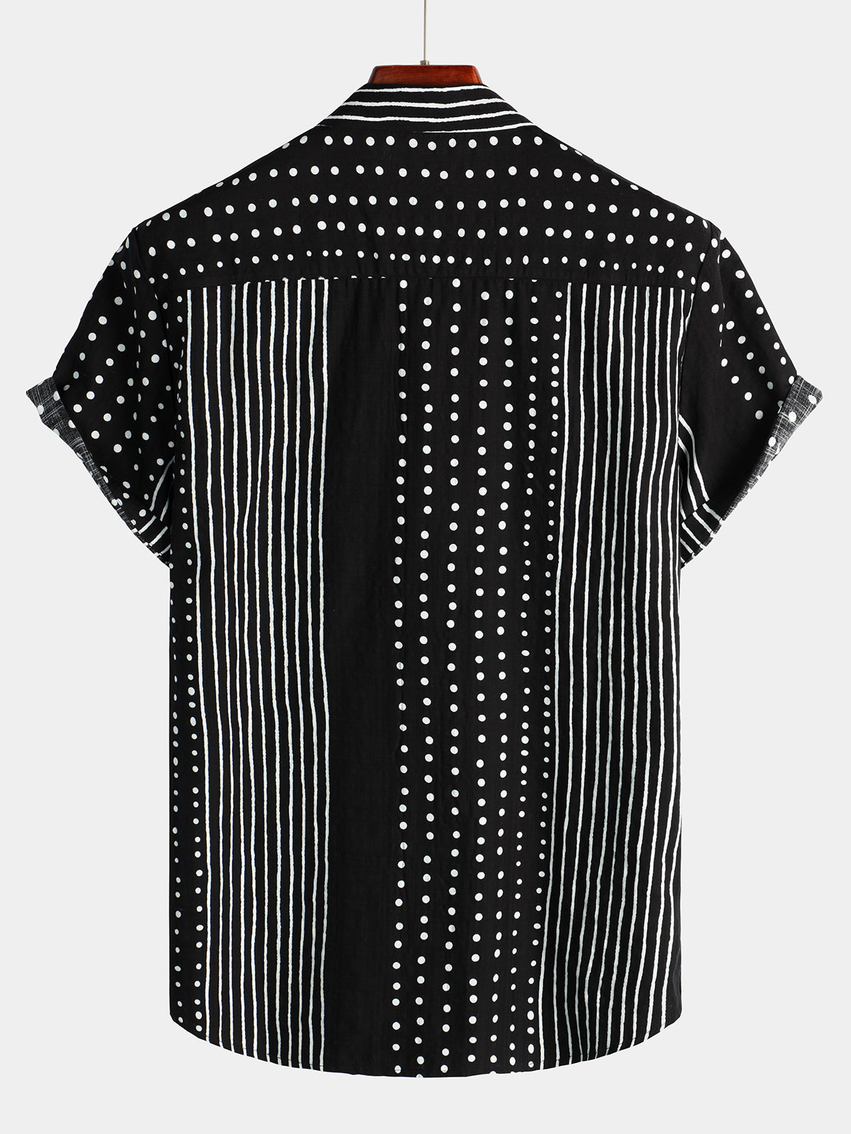 Camicia corta da uomo retrò a righe nere e a pois con bottoni