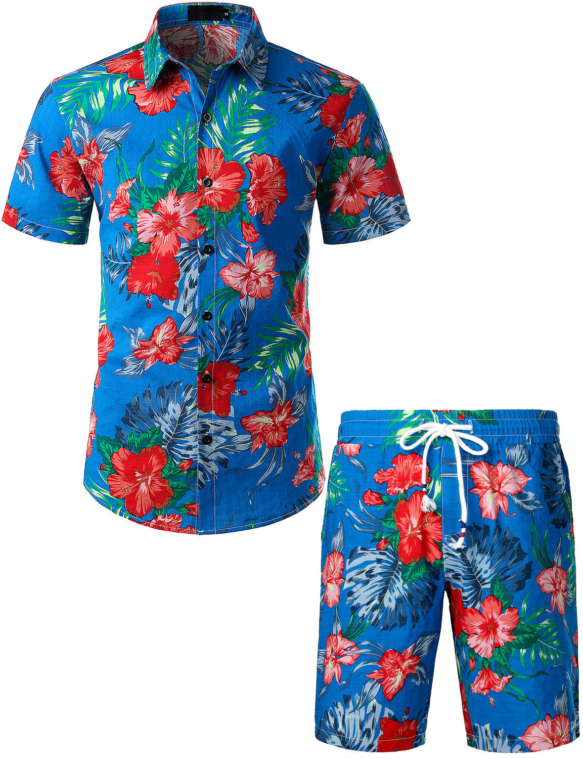 Set Camicia e Pantaloni Corti Coordinati da Uomo con Fiori Tropicali Hawaii