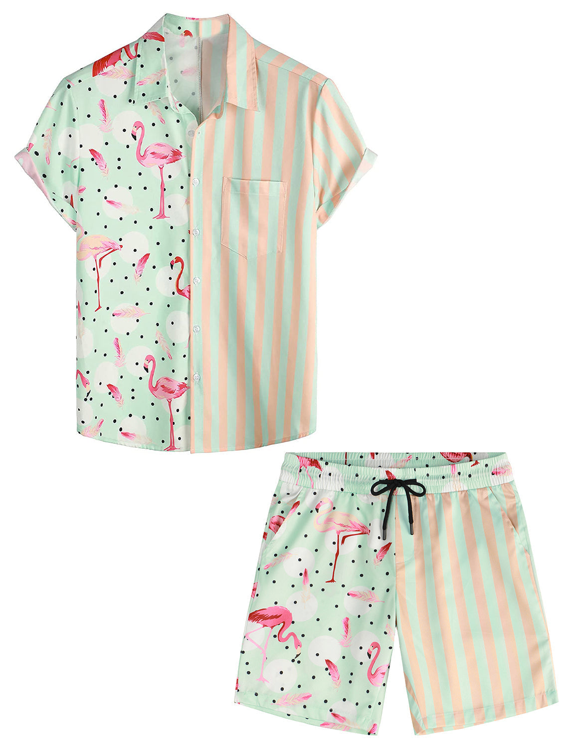 Set da uomo in camicia hawaiana e pantaloni corti a 2 pezzi con fenicottero e righe rosse