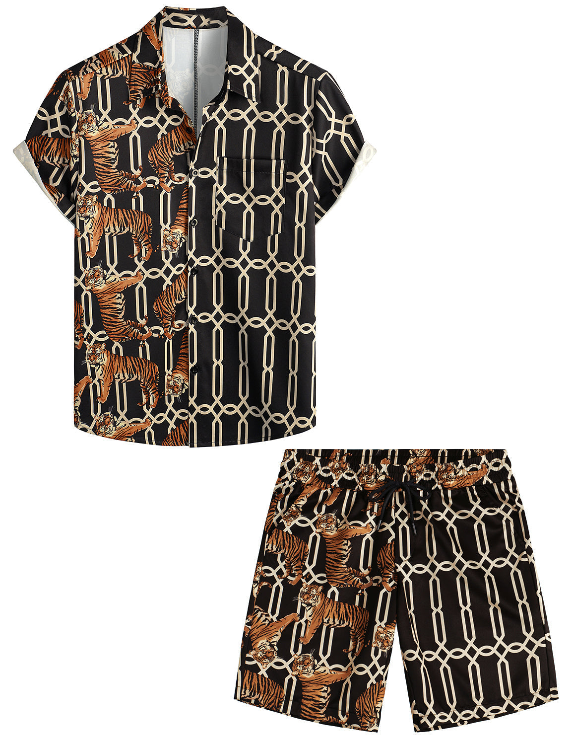 Set da uomo in camicia e pantaloni corti abbinati con stampa righe di fenicottero rosa, camicia a maniche corte con tasca