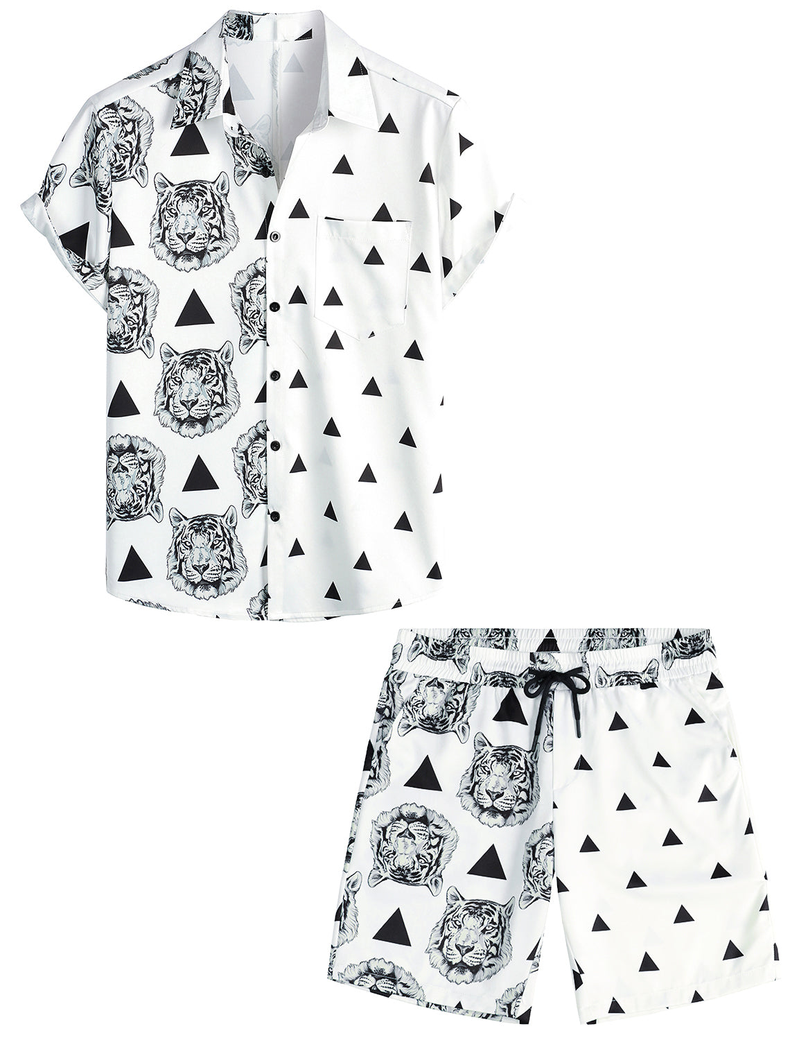 Set da uomo in camicia e pantaloni corti abbinati con stampa righe di fenicottero rosa, camicia a maniche corte con tasca