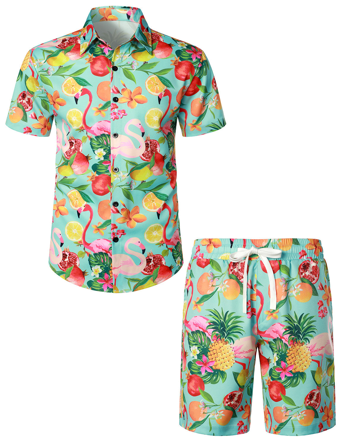 Set da uomo in camicia hawaiana con stampa di fenicotteri e pantaloni corti