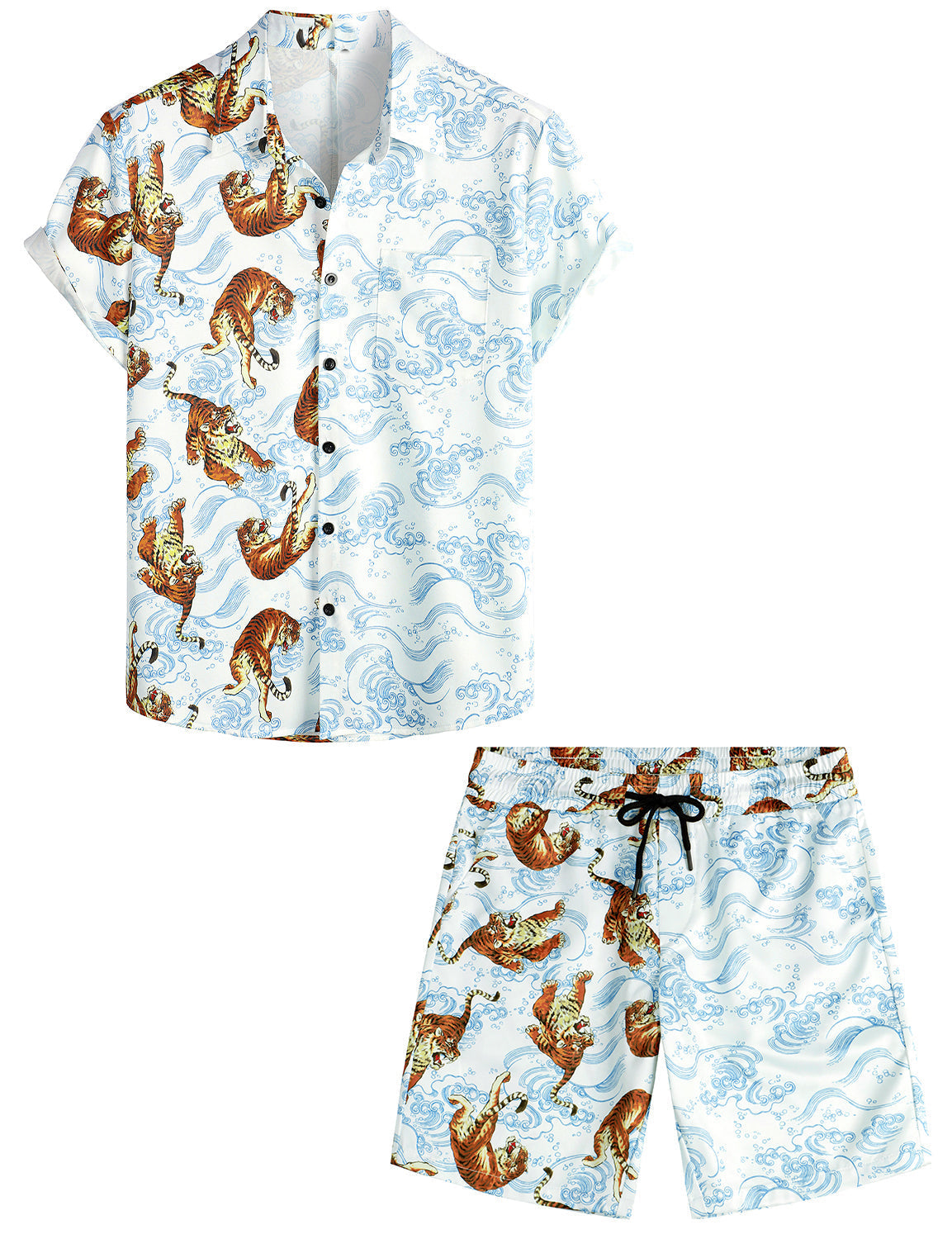 Set da uomo in camicia hawaiana e pantaloni corti a 2 pezzi con fenicottero e righe rosse