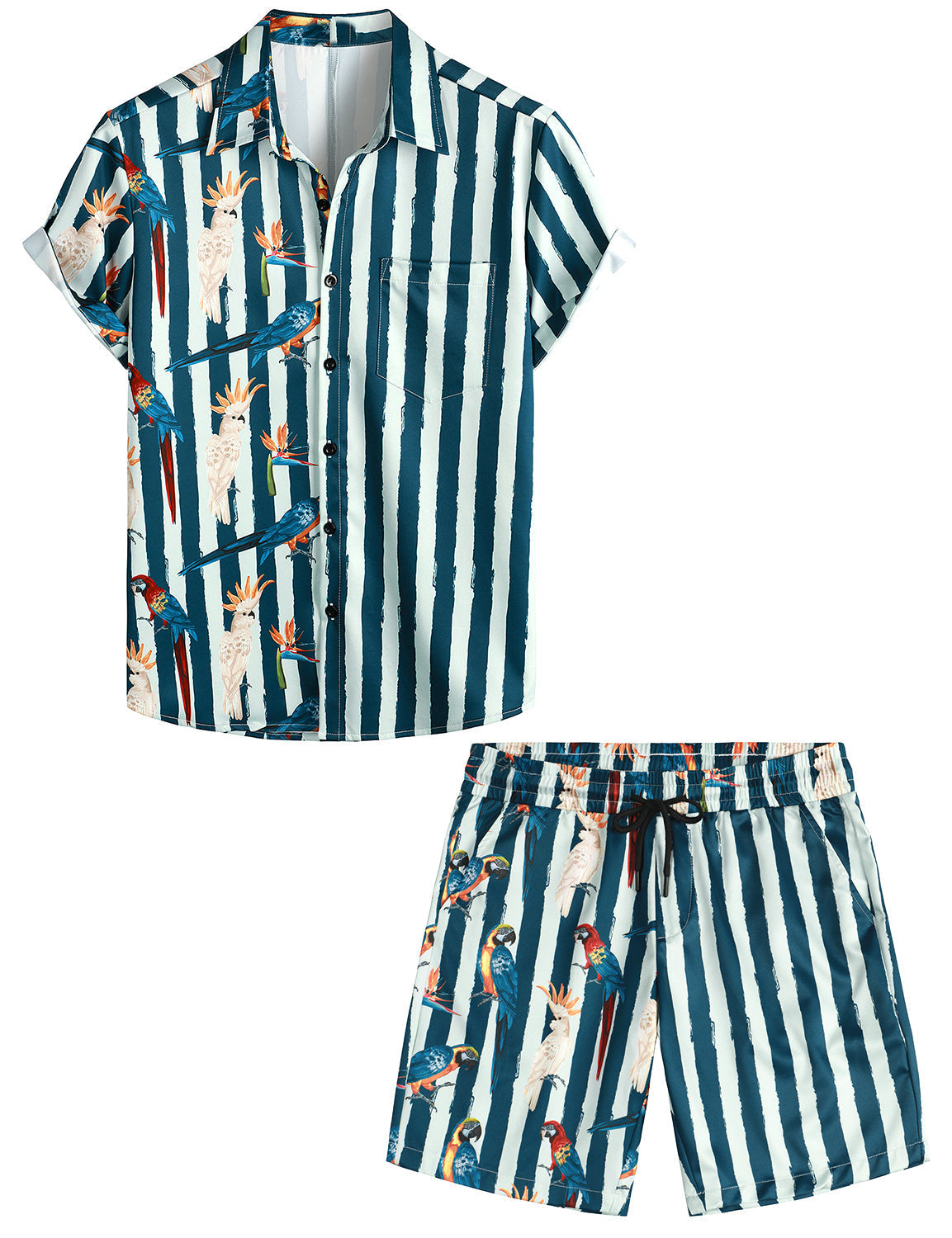 Set da uomo in camicia hawaiana e pantaloni corti a 2 pezzi con fenicottero e righe rosse