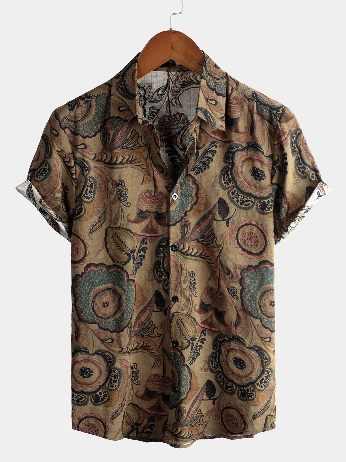 Camicia da uomo retrò casual a maniche corte in cotone marrone