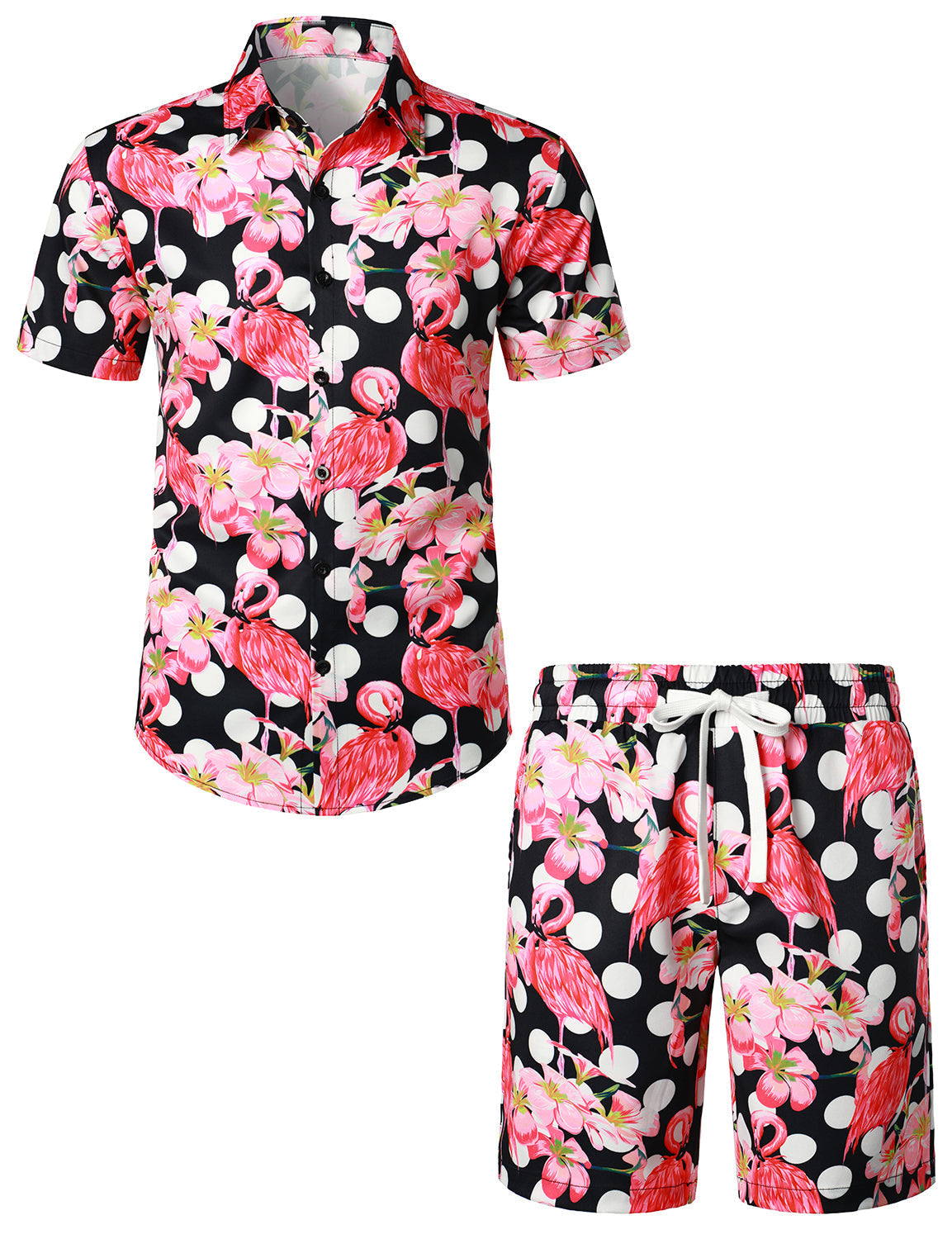 Set da uomo in camicia hawaiana con stampa di fenicotteri e pantaloni corti