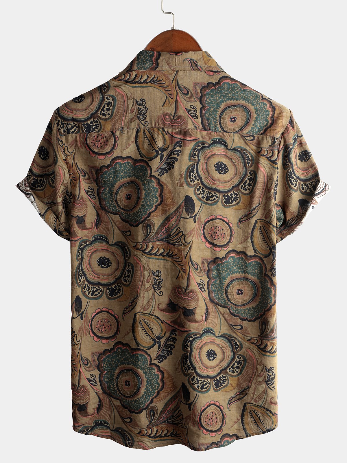 Camicia da uomo retrò casual a maniche corte in cotone marrone