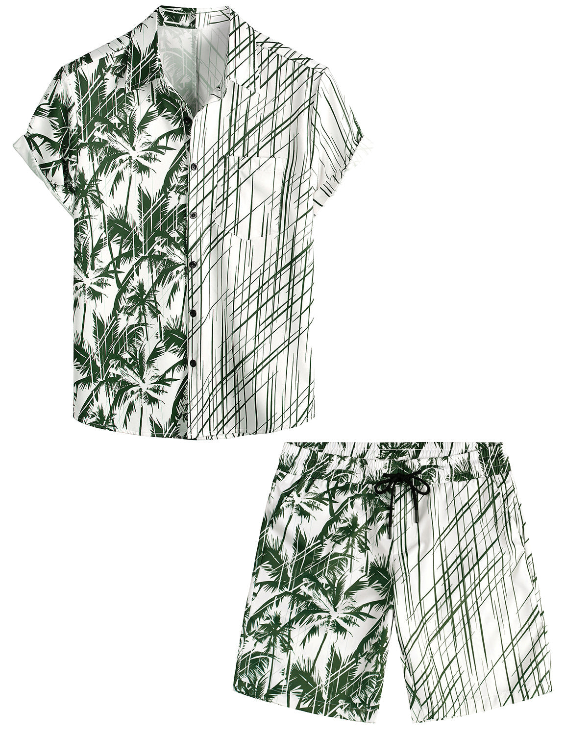 Set da uomo in camicia hawaiana e pantaloni corti a 2 pezzi con fenicottero e righe rosse