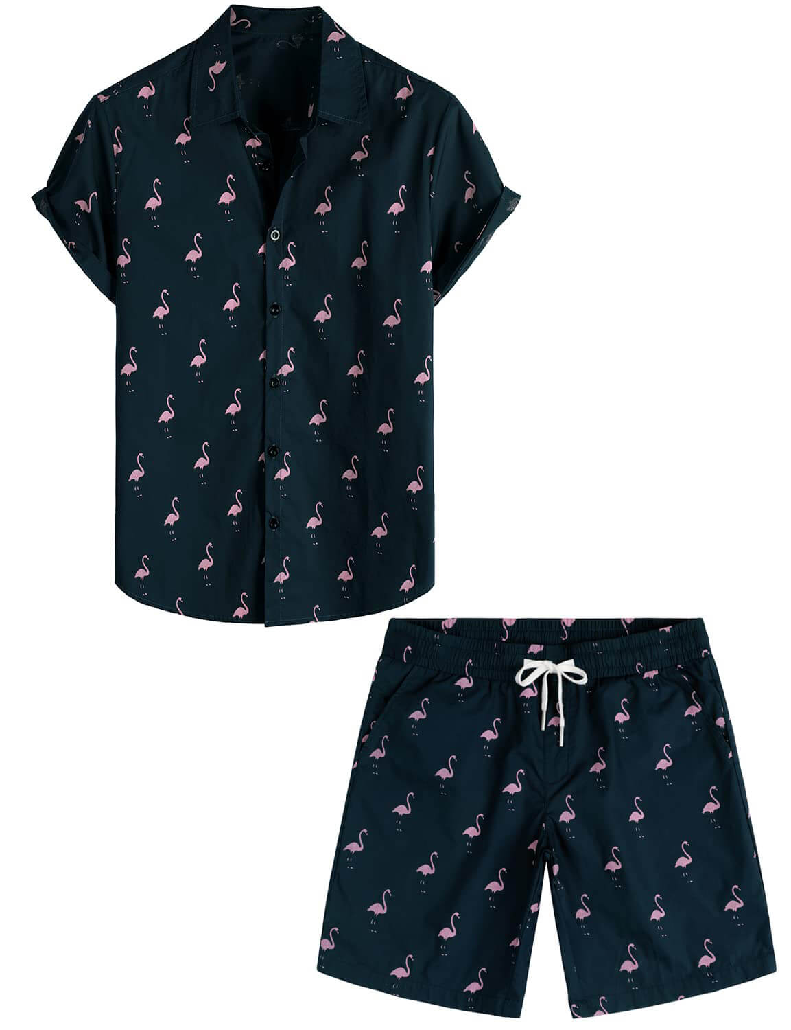 Set di Camicia e Pantaloni Corti in Cotone Estivo Blu con Fenicotteri per Uomo