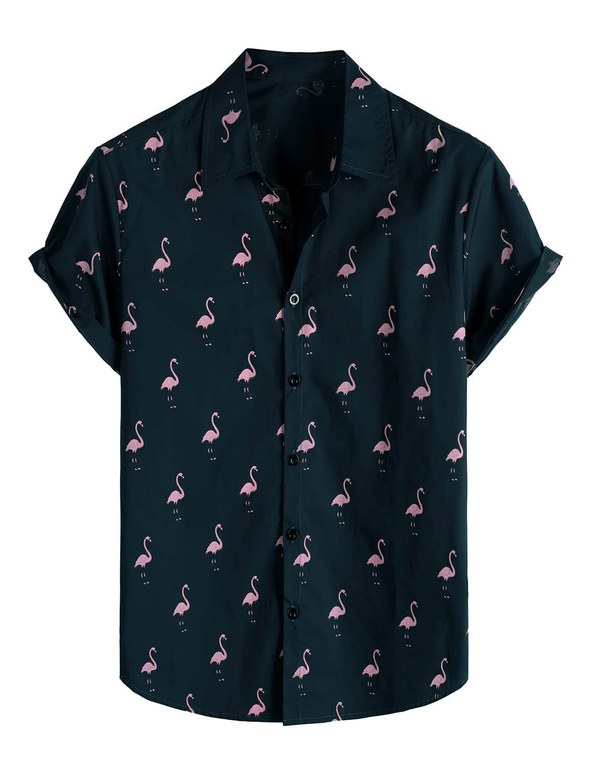 Set di Camicia e Pantaloni Corti in Cotone Estivo Blu con Fenicotteri per Uomo