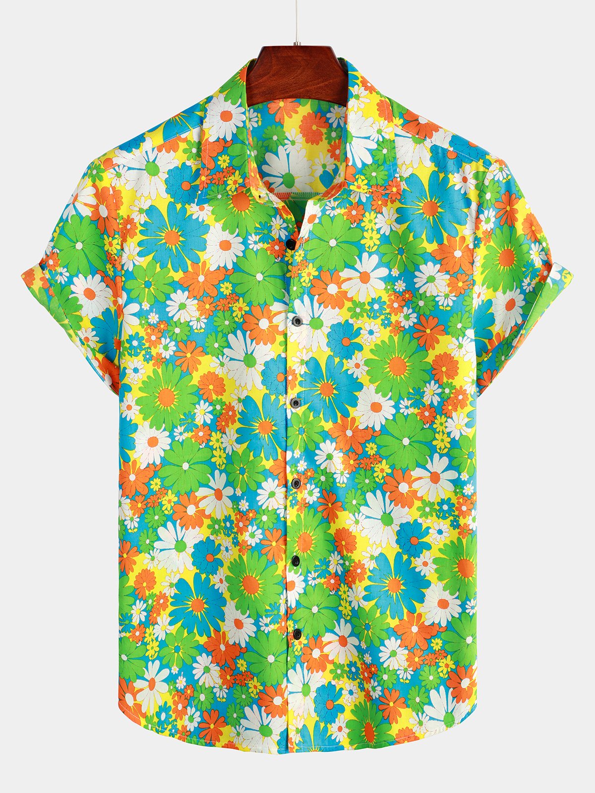 Camicia hawaiana tropicale in cotone floreale verde da uomo