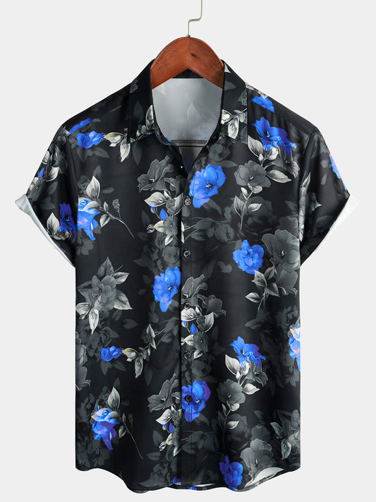 Camicia da uomo estiva casual floreale blu per le feste