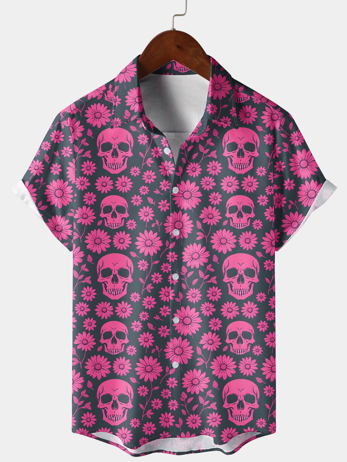 Camicia a maniche corte rosa con teschio da uomo