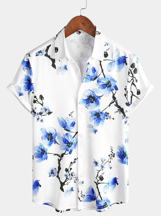 Camicia casual da uomo con stampa floreale blu