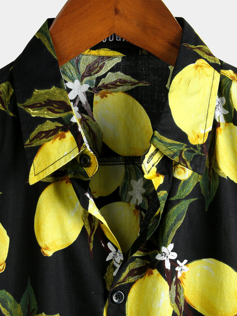 Camicia hawaiana estiva da uomo a maniche corte con stampa di limoni gialli tropicali
