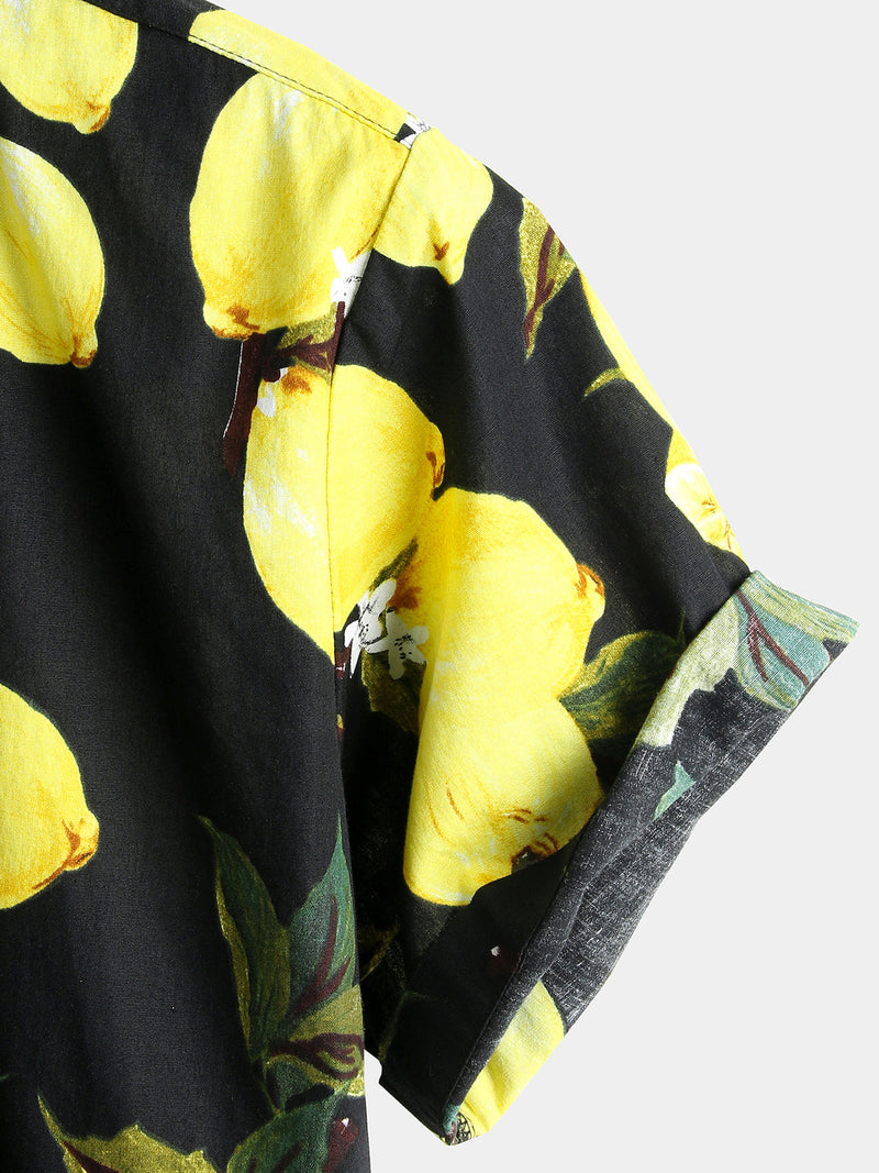 Camicia hawaiana estiva da uomo a maniche corte con stampa di limoni gialli tropicali