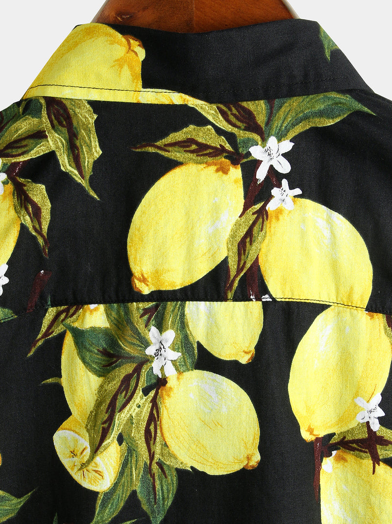 Camicia hawaiana estiva da uomo a maniche corte con stampa di limoni gialli tropicali