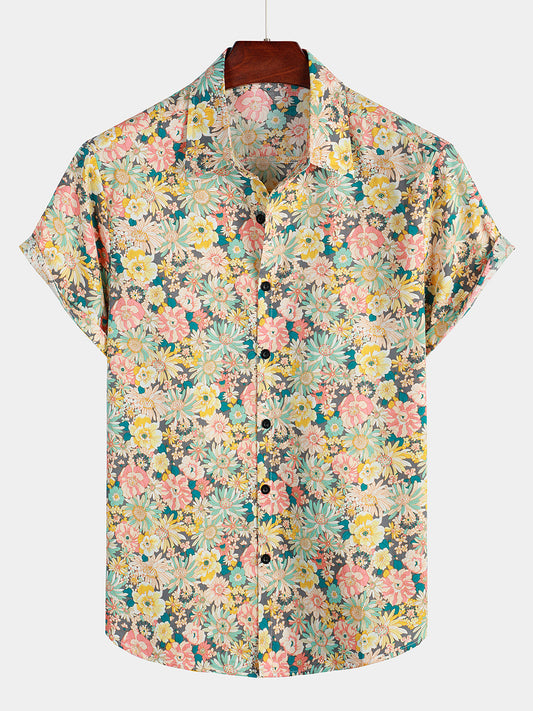 Camicia corta da uomo casual in cotone con bottoni e stampa floreale