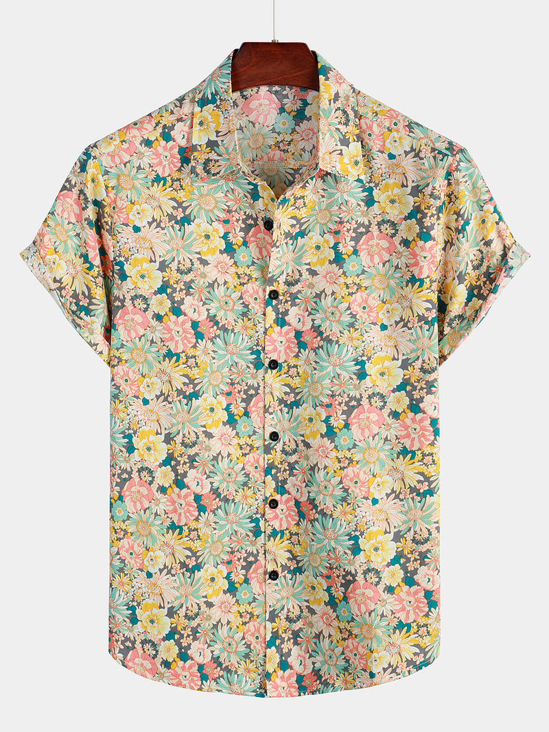 Camicia corta da uomo casual in cotone con bottoni e stampa floreale