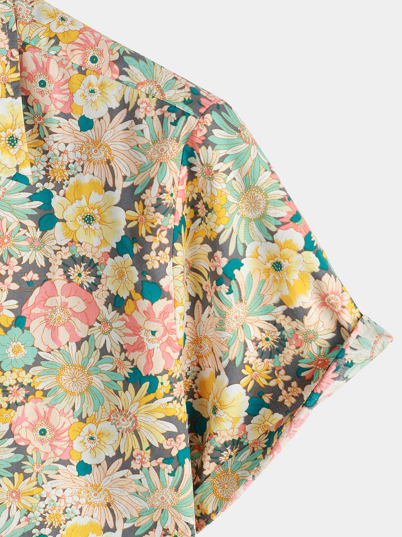 Camicia corta da uomo casual in cotone con bottoni e stampa floreale