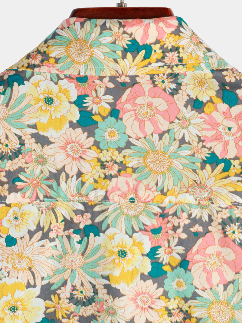 Camicia corta da uomo casual in cotone con bottoni e stampa floreale