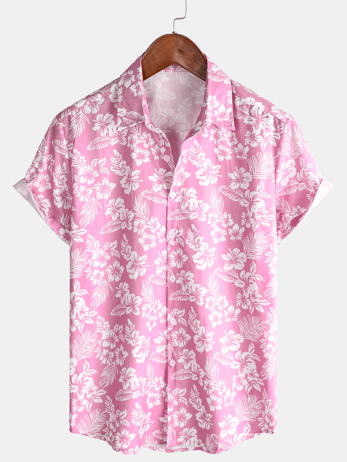 Camicia da uomo a maniche corte con motivo floreale hawaiano in cotone rosa