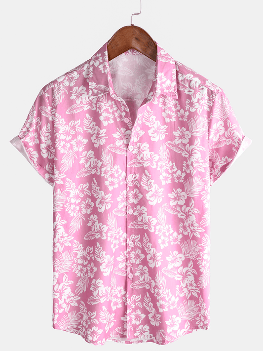 Camicia da uomo a maniche corte con motivo floreale hawaiano in cotone rosa
