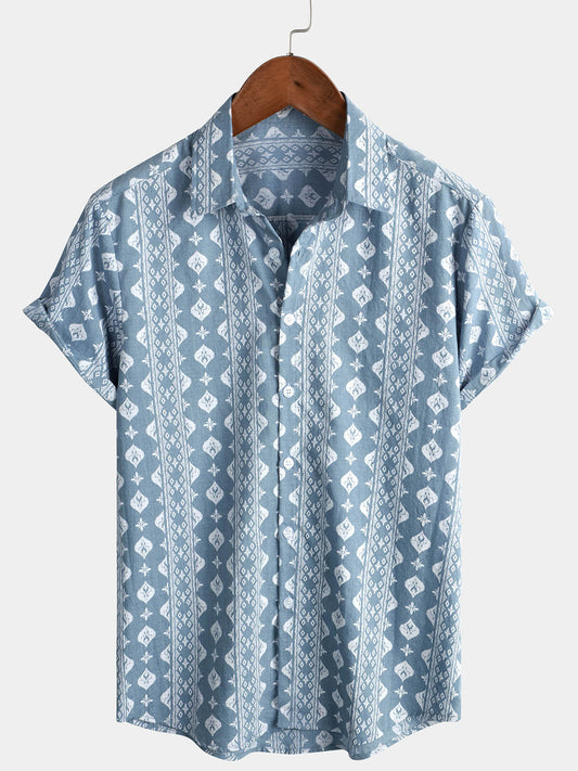 Camicia da uomo a maniche corte retrò in cotone blu