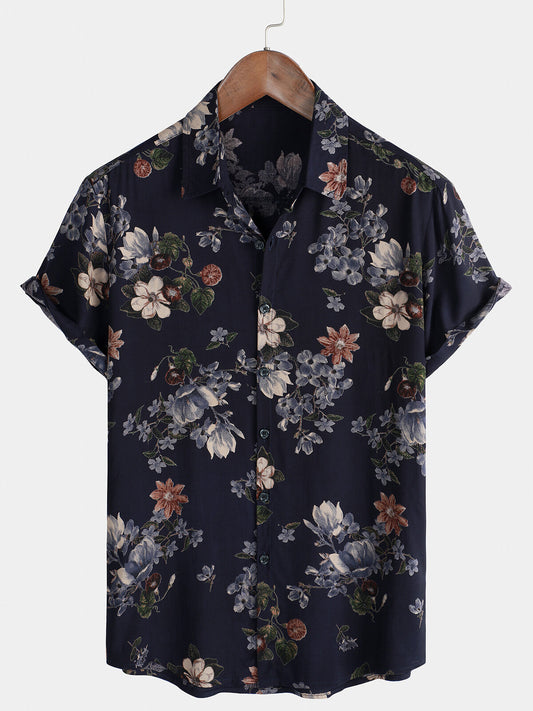 Camicia da uomo vintage blu navy a maniche corte per le feste