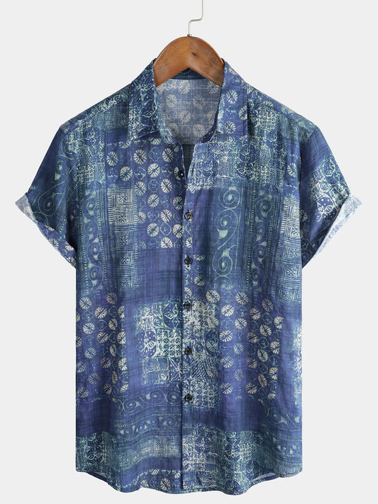 Camicia estiva a maniche corte da spiaggia vintage blu da uomo