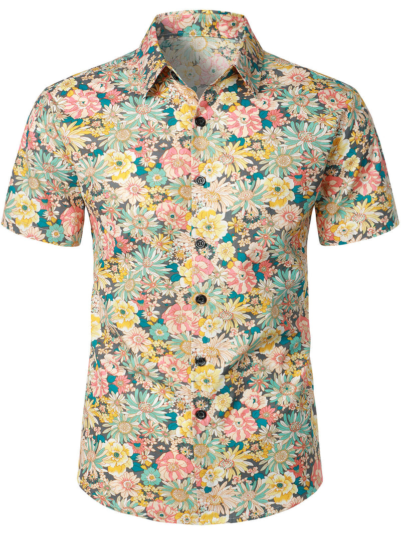 Camicia corta da uomo casual in cotone con bottoni e stampa floreale