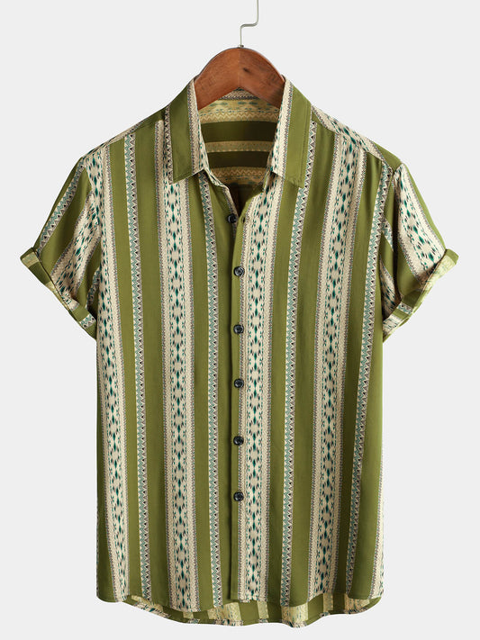 Camicia vintage a maniche corte a righe verdi da uomo