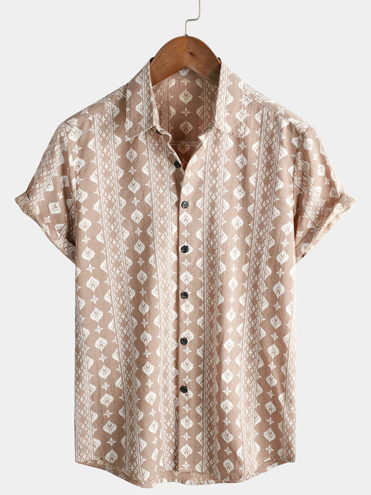 Camicia da uomo a maniche corte in cotone a righe marroni vintage