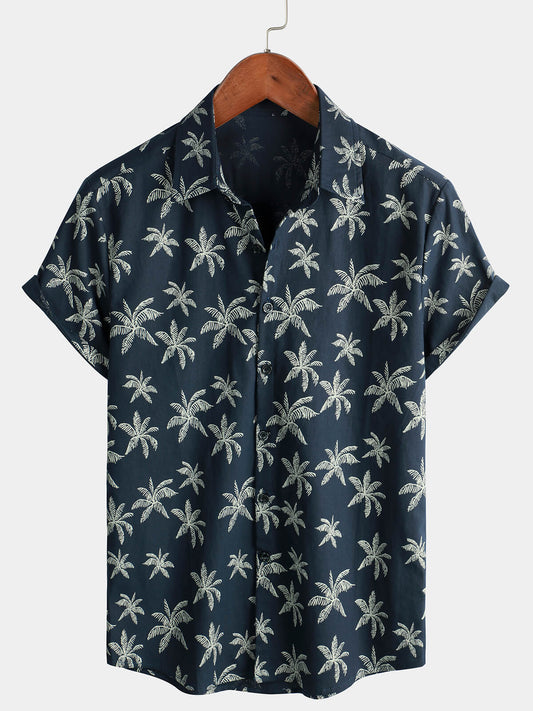 Camicia hawaiana a maniche corte in cotone con stampa di palme da uomo