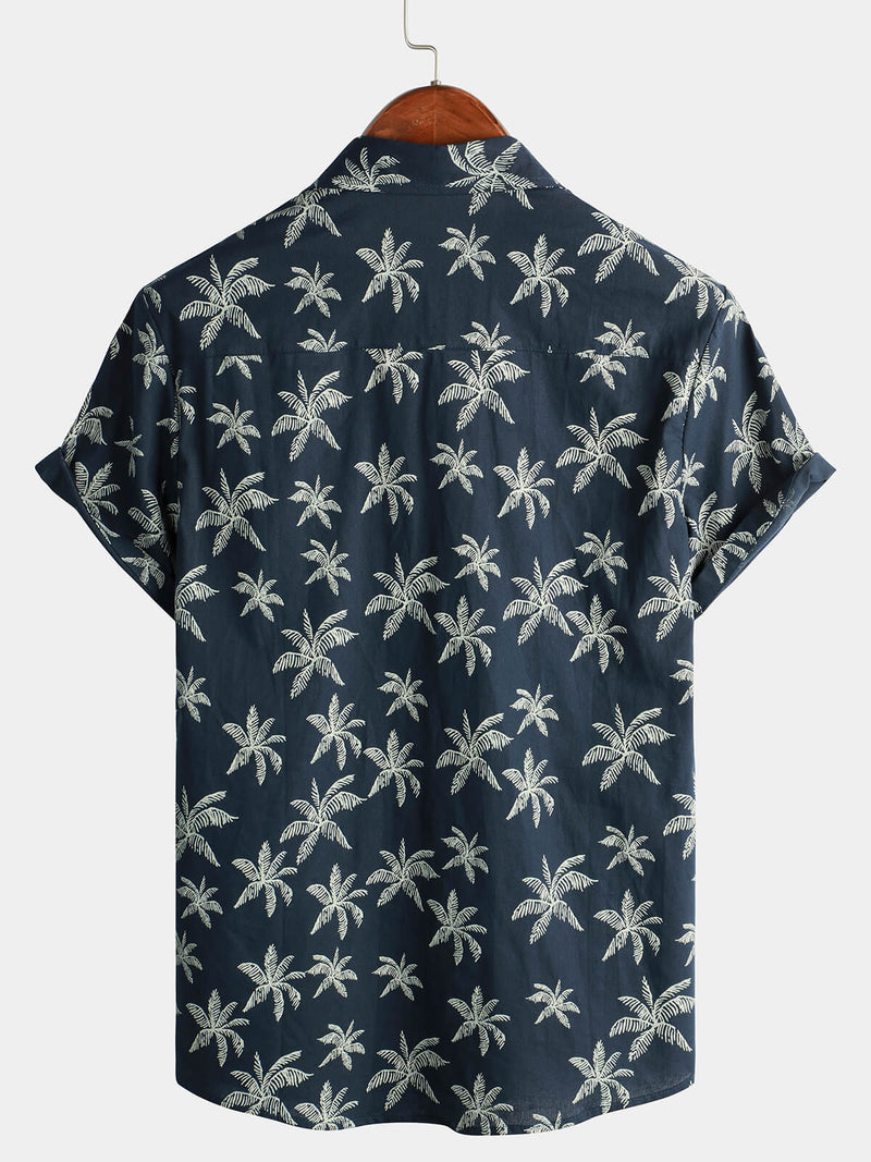 Camicia hawaiana a maniche corte in cotone con stampa di palme da uomo
