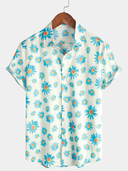 Camicia estiva a maniche corte con stampa a margherita blu da uomo