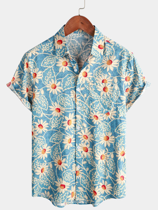 Camicia da uomo in cotone blu a maniche corte con stampa floreale