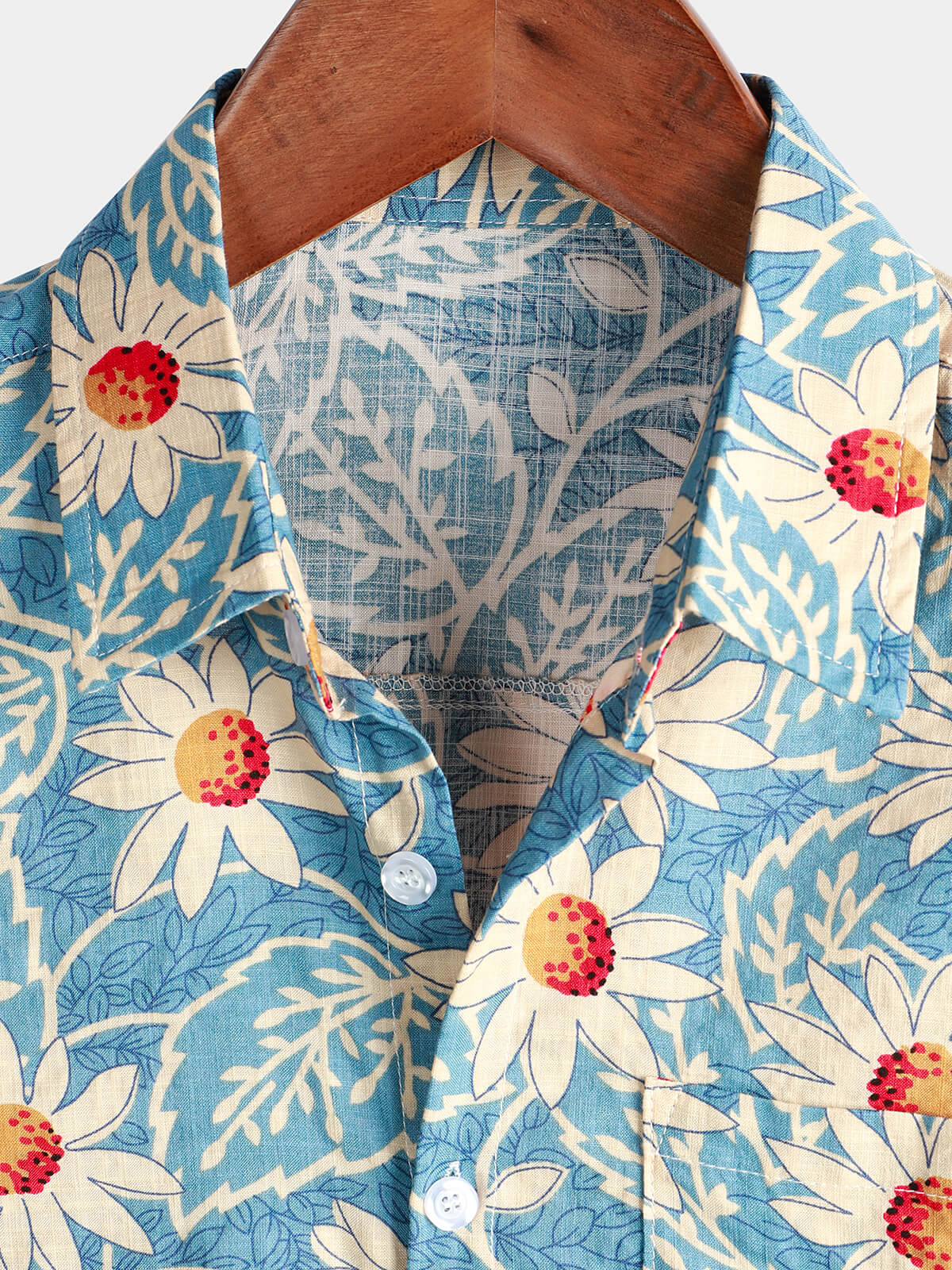 Camicia da uomo in cotone blu a maniche corte con stampa floreale