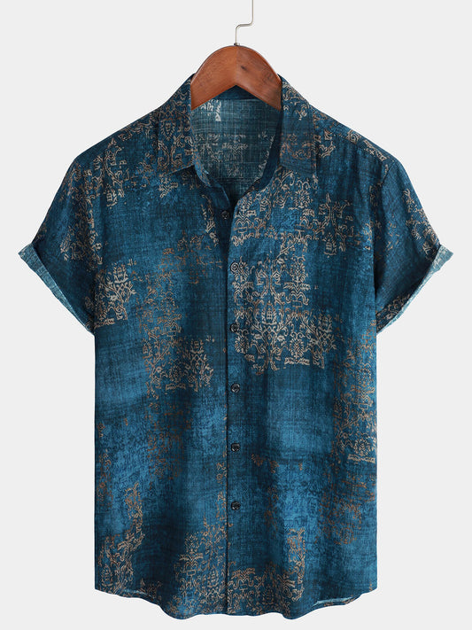 Camicia da uomo a maniche corte in cotone blu vintage