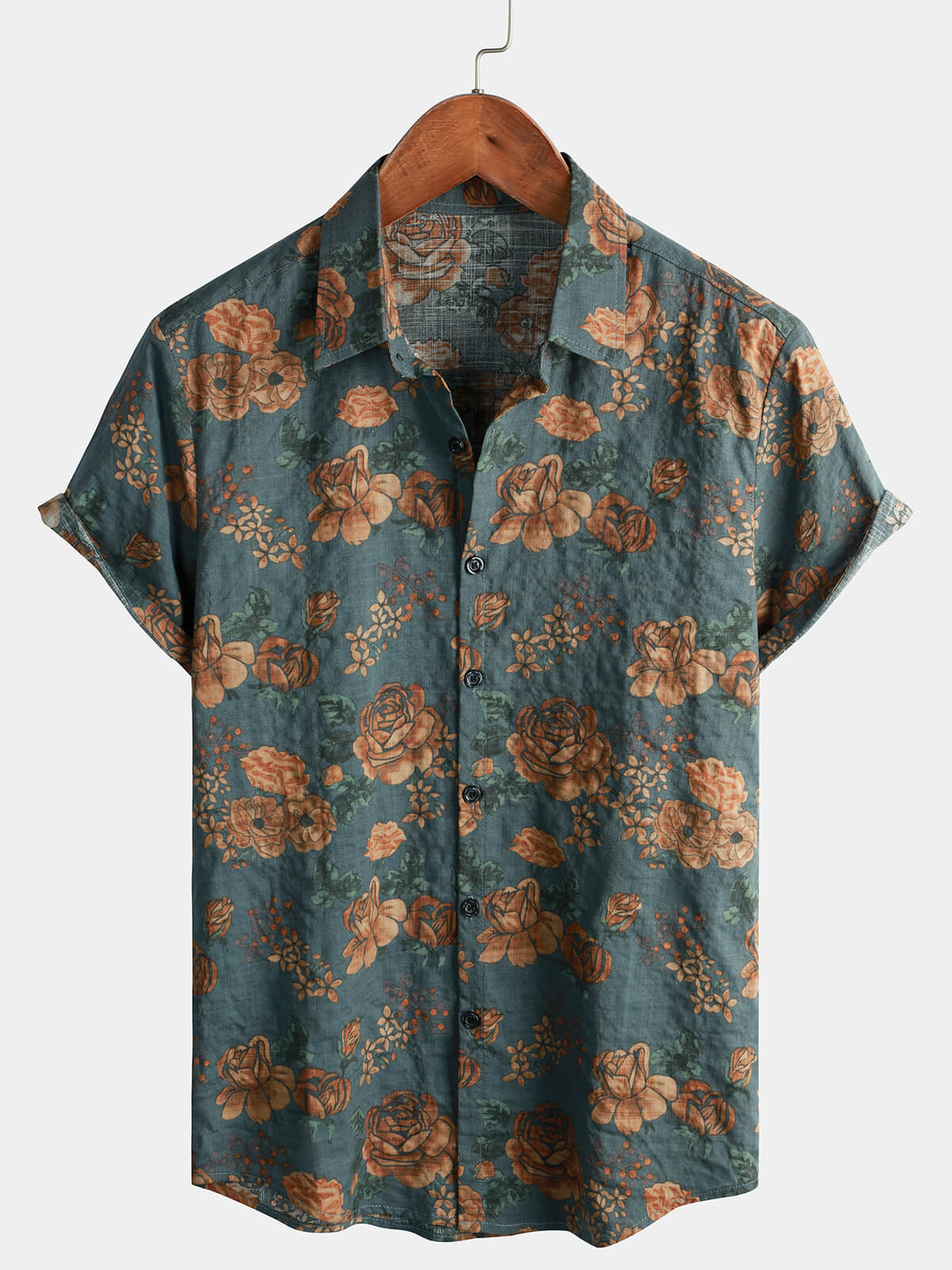 Camicia a maniche corte estiva da uomo vintage floreale retrò blu