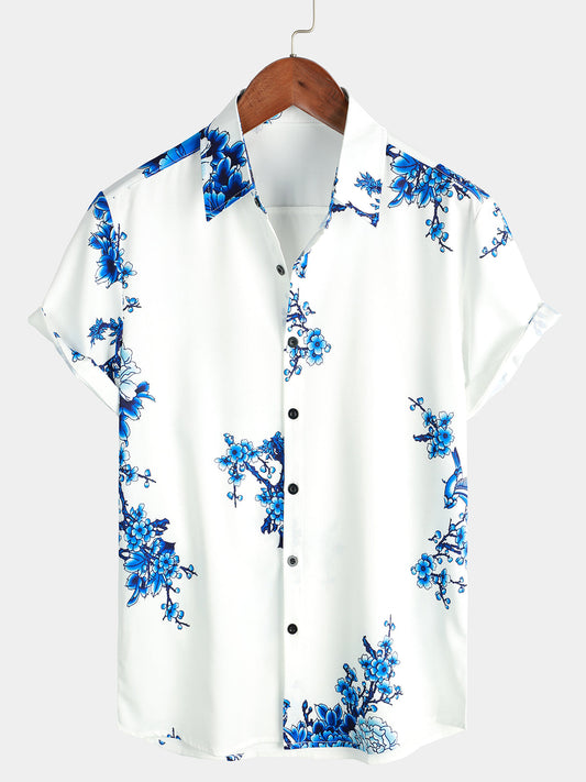 Camicia casual a maniche corte con stampa floreale blu da uomo