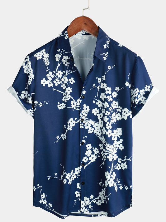 Camicia corta da uomo in stile vintage con stampa floreale blu navy