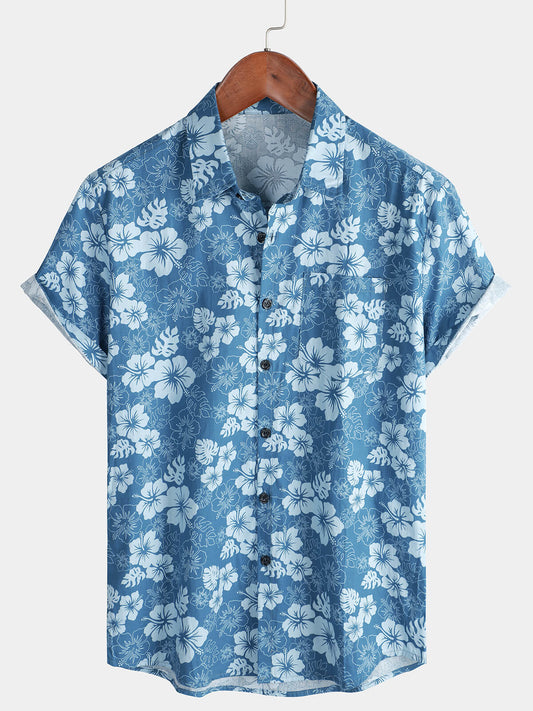 Camicia hawaiana con stampa floreale blu da uomo