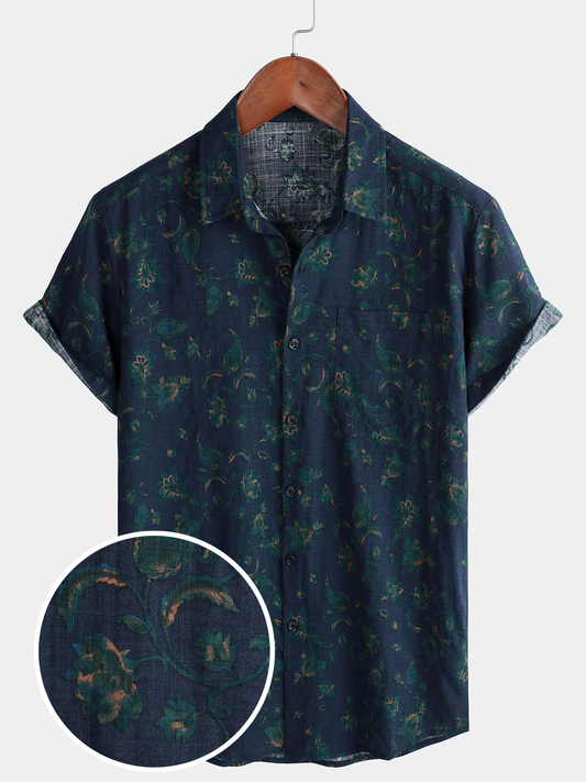Camicia a maniche corte con stampa floreale blu da uomo