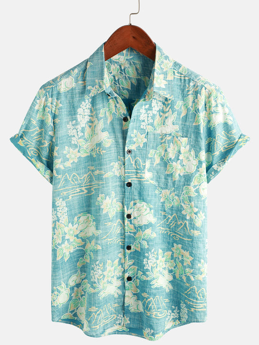 Camicia da spiaggia a maniche corte con bottoni e stampa floreale hawaiana da uomo