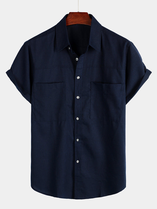 Camicia corta da uomo in cotone e lino con tasche sul petto