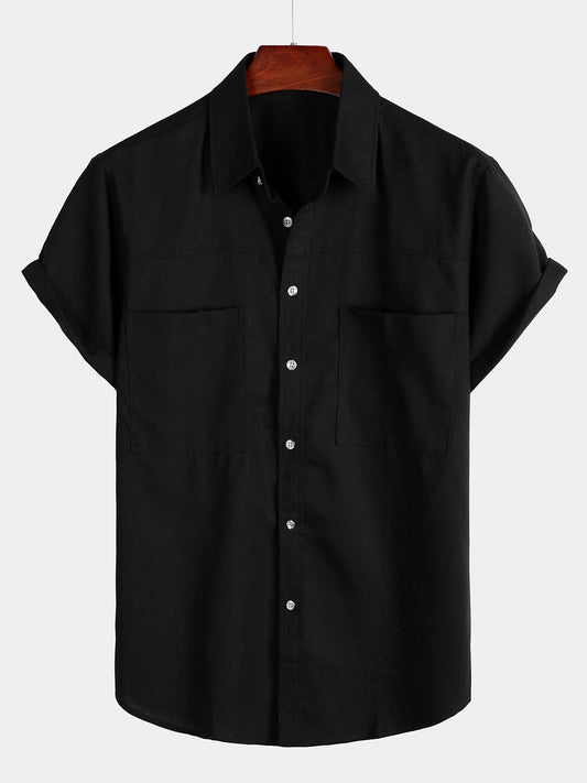 Camicia corta da uomo in cotone e lino nero