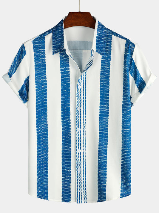 Camicia casual da uomo a maniche corte a righe verticali blu vintage